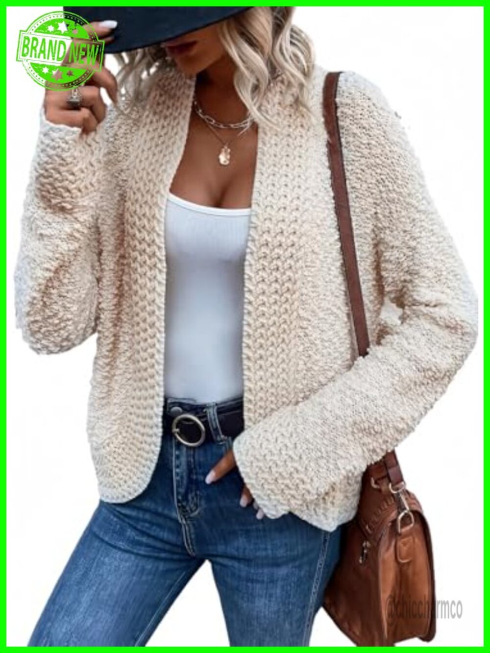 Chunky Knit Open Front Cardigan Long Sleeve Loose Fit Popcorn Sweater Coat